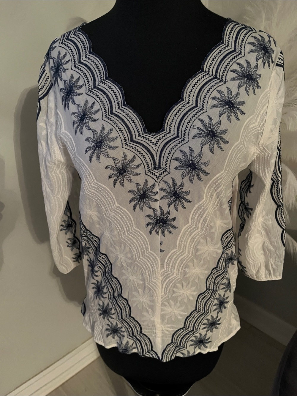 Timing White Tunic with Navy Floral Embroidery